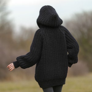 SuperTanya black wool cardigan mega thick sweater chunky ribbed pattern hoodie coat Ready to Ship size XL 3.7 KG image 6