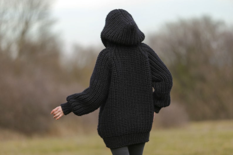 SuperTanya black wool cardigan mega thick sweater chunky ribbed pattern hoodie coat Ready to Ship size XL 3.7 KG image 6