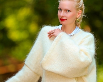Unique oversized mohair coat hand knitted white cardigan with wide sleeves by SuperTanya