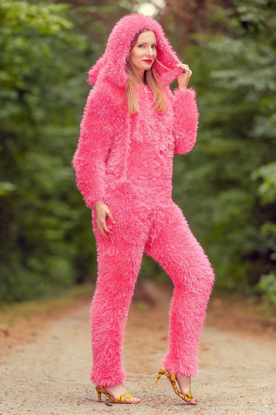 Fluffy Catsuit Pajama With Hood Decofur Hand Knitted Bodysuit Hand