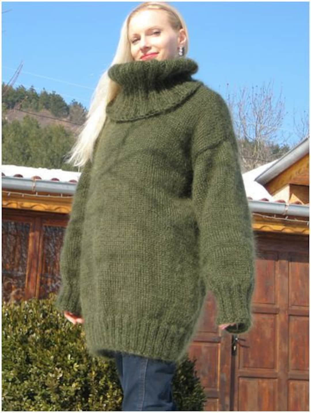 Green Mohair Sweater Hand Knitted Turtleneck Pullover by