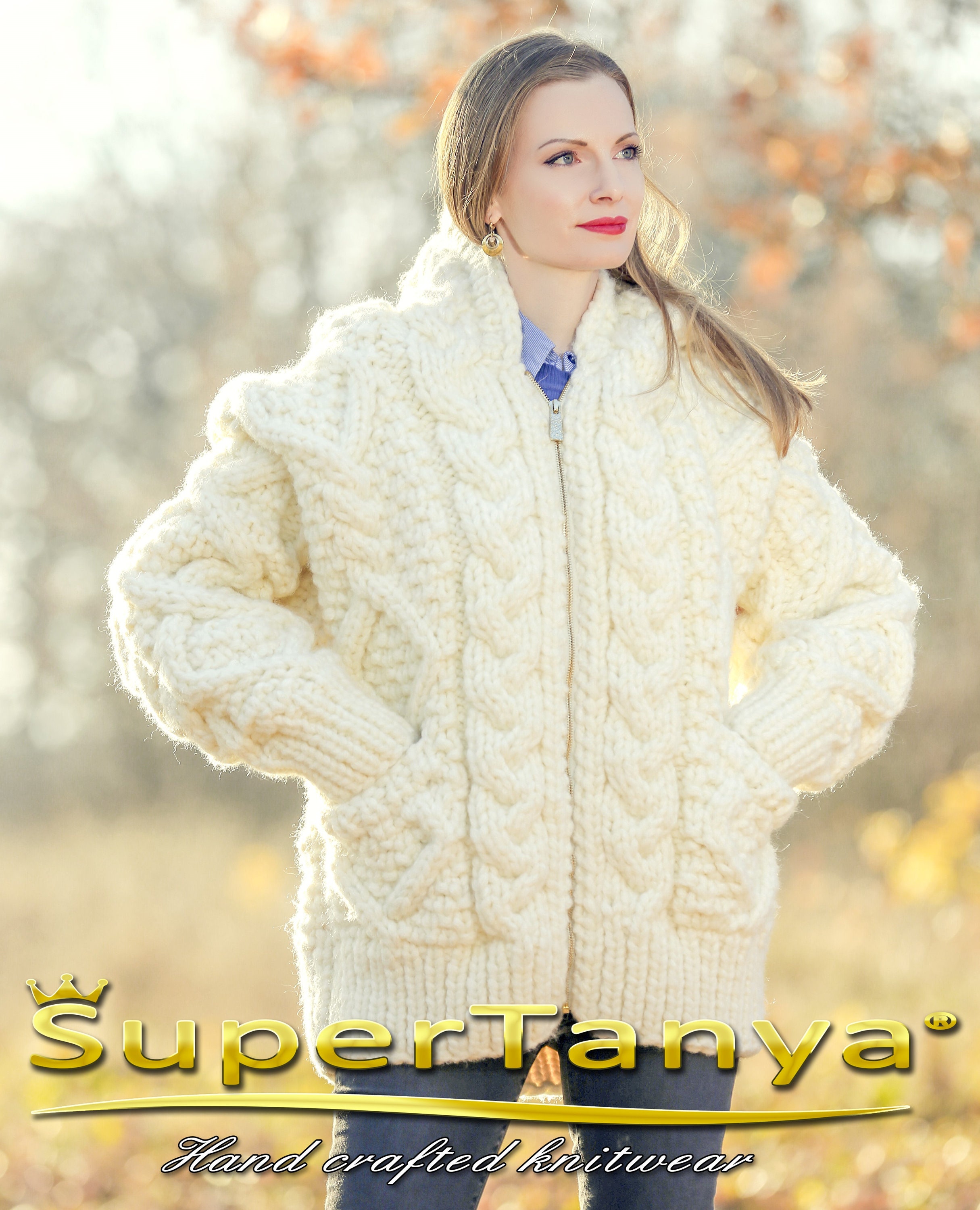 White Wool Sweater Cardigan Zipper Jacket Hand Knitted Ivory - Etsy  Singapore