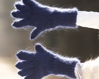 Handmade blue thick mohair gloves, ready to ship, size L