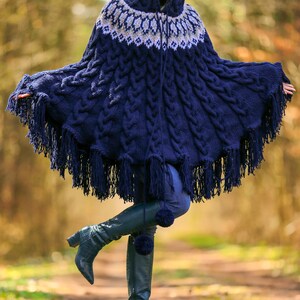 Blue ski wool poncho sweater cable knit Nordic sweater SuperTanya READY TO SHIP image 7