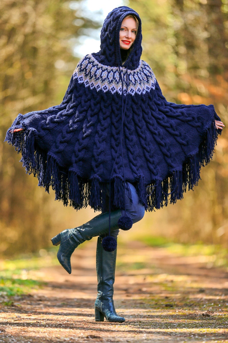 Blue ski wool poncho sweater cable knit Nordic sweater SuperTanya READY TO SHIP image 7