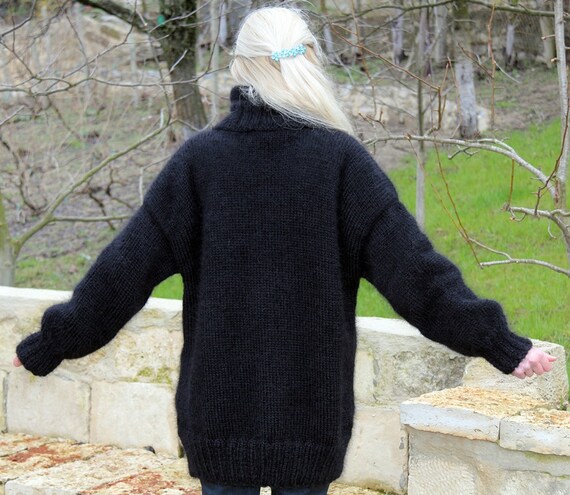 Unknown Black Mohair cable knit モヘア50% Handmade Thick Mohair Sweater Black Turtleneck Pullover by