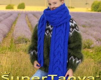 Made to order hand knitted mohair scarf in blue, cable knit shawl by SUPERTANYA