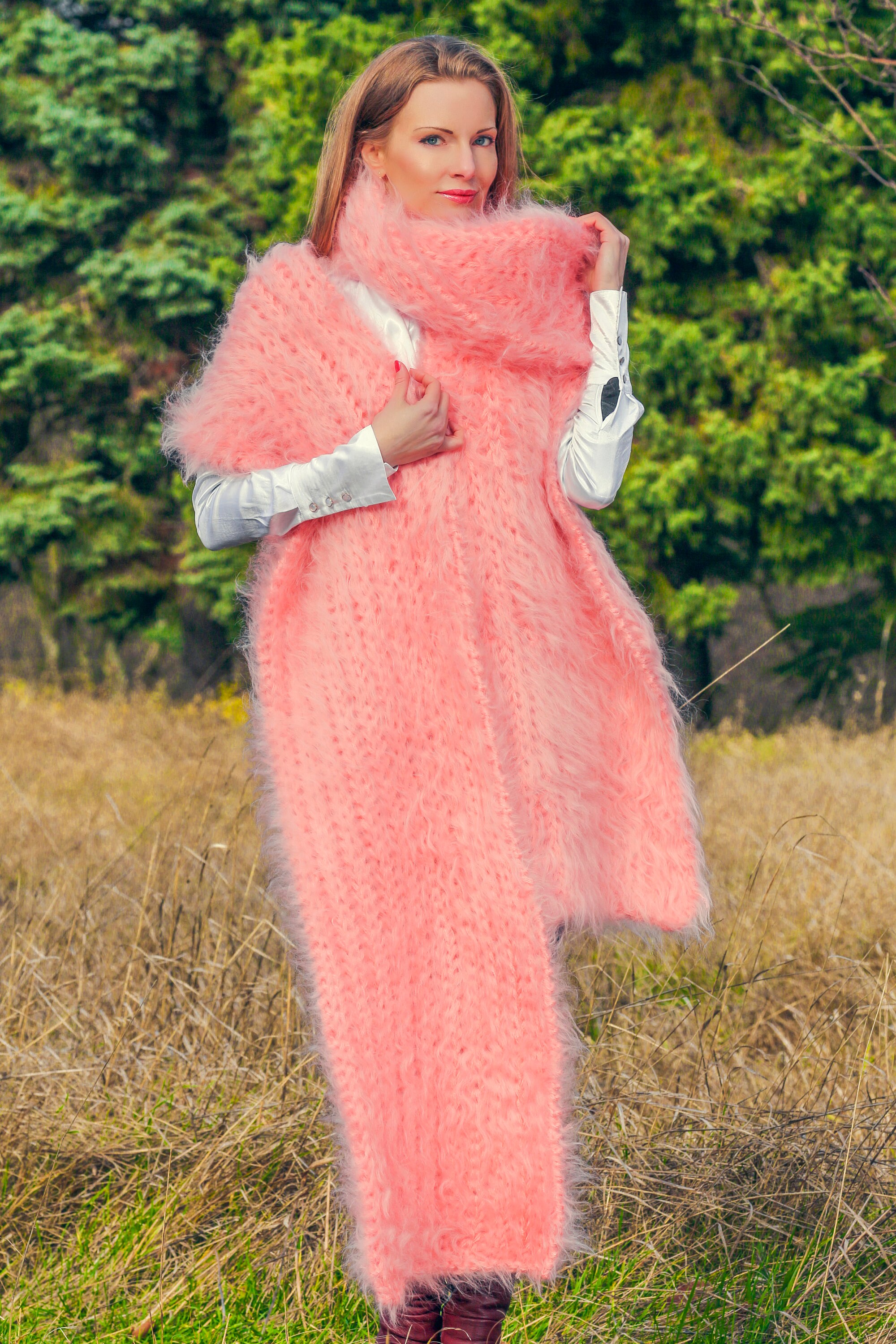 Extra Long Pink Fuzzy Mohair Scarf Handmade Fuzzy Shawl READY TO
