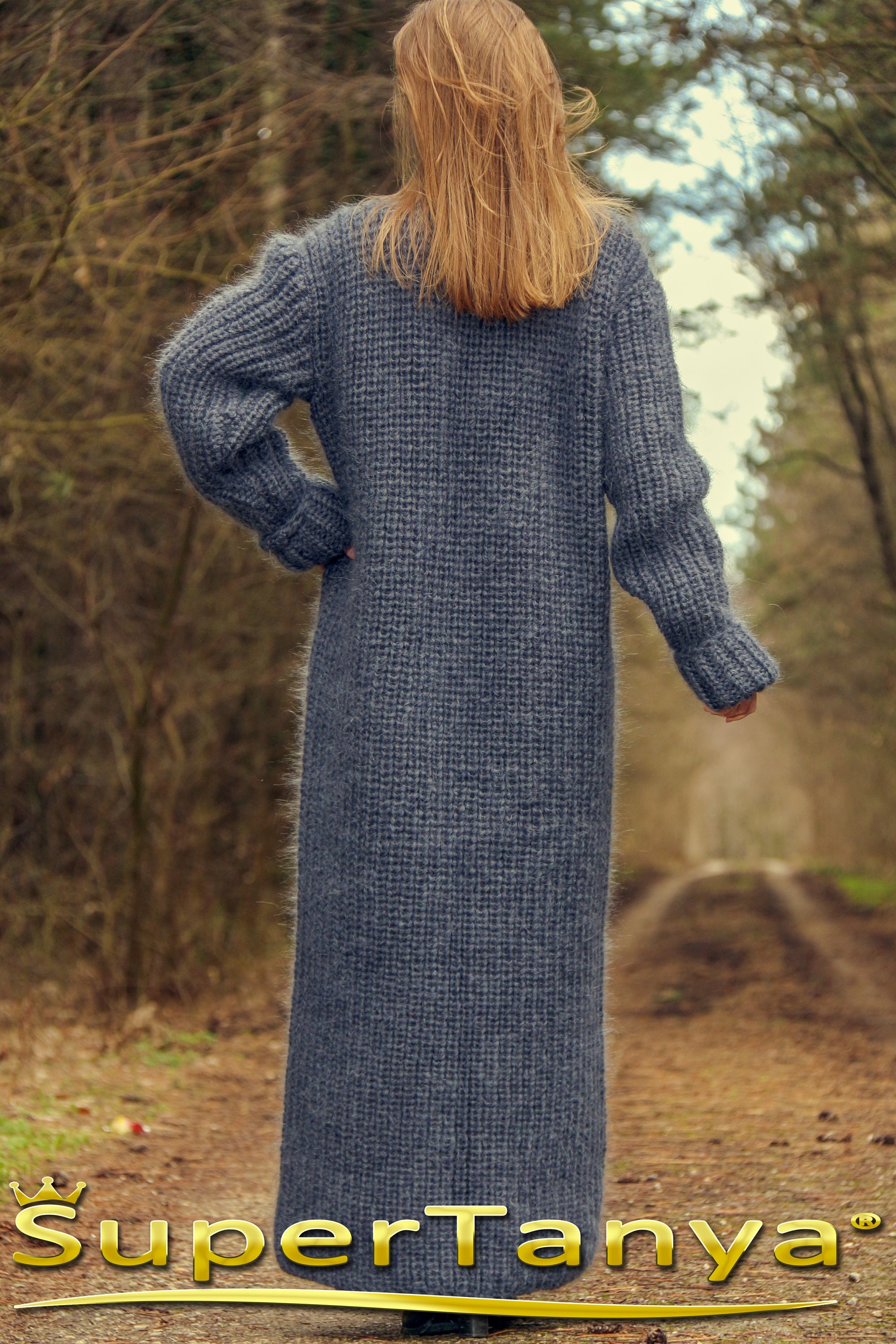 Long Gray Mohair Cardigan With Ribbed Elastic Pattern Thick Warm