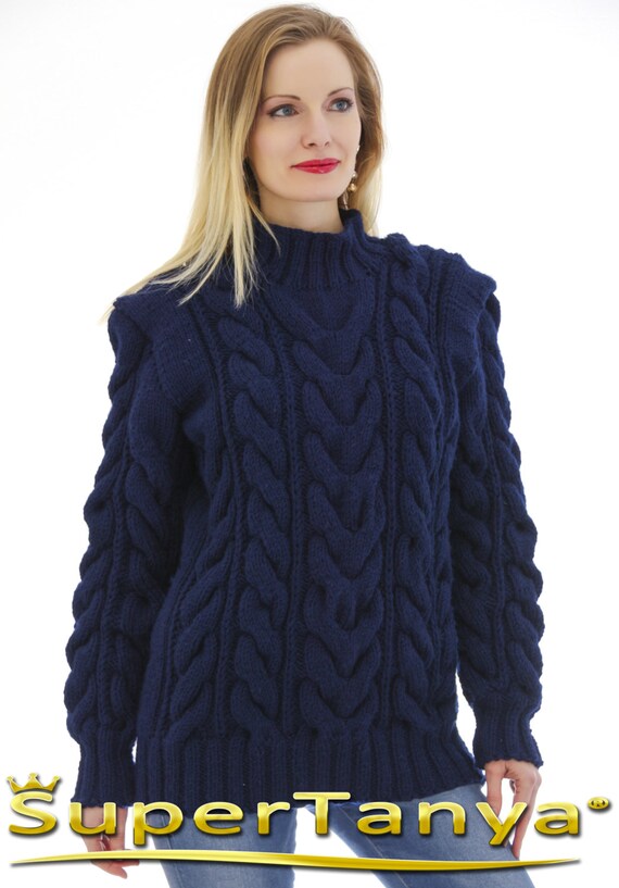 Donkerblauwe dikke kabel trui blauwe wollen trui van SuperTanya
