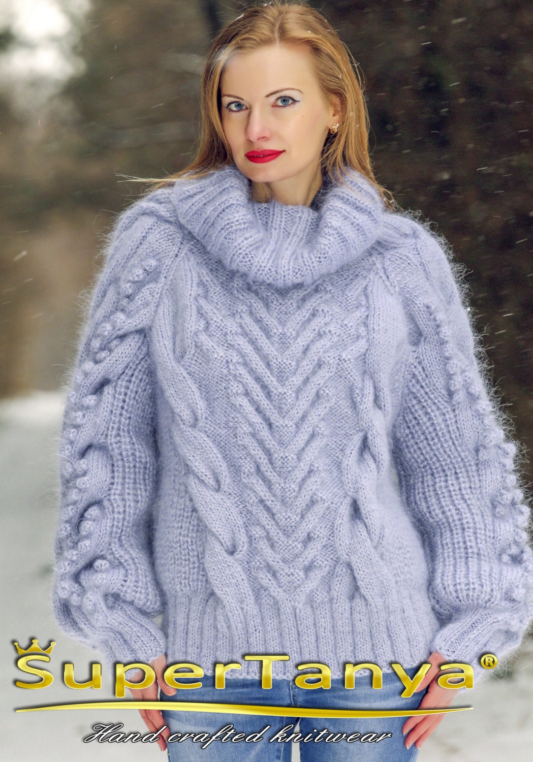 Boutique fuzzy cable knitted mohair sweater in gray luxury | Etsy