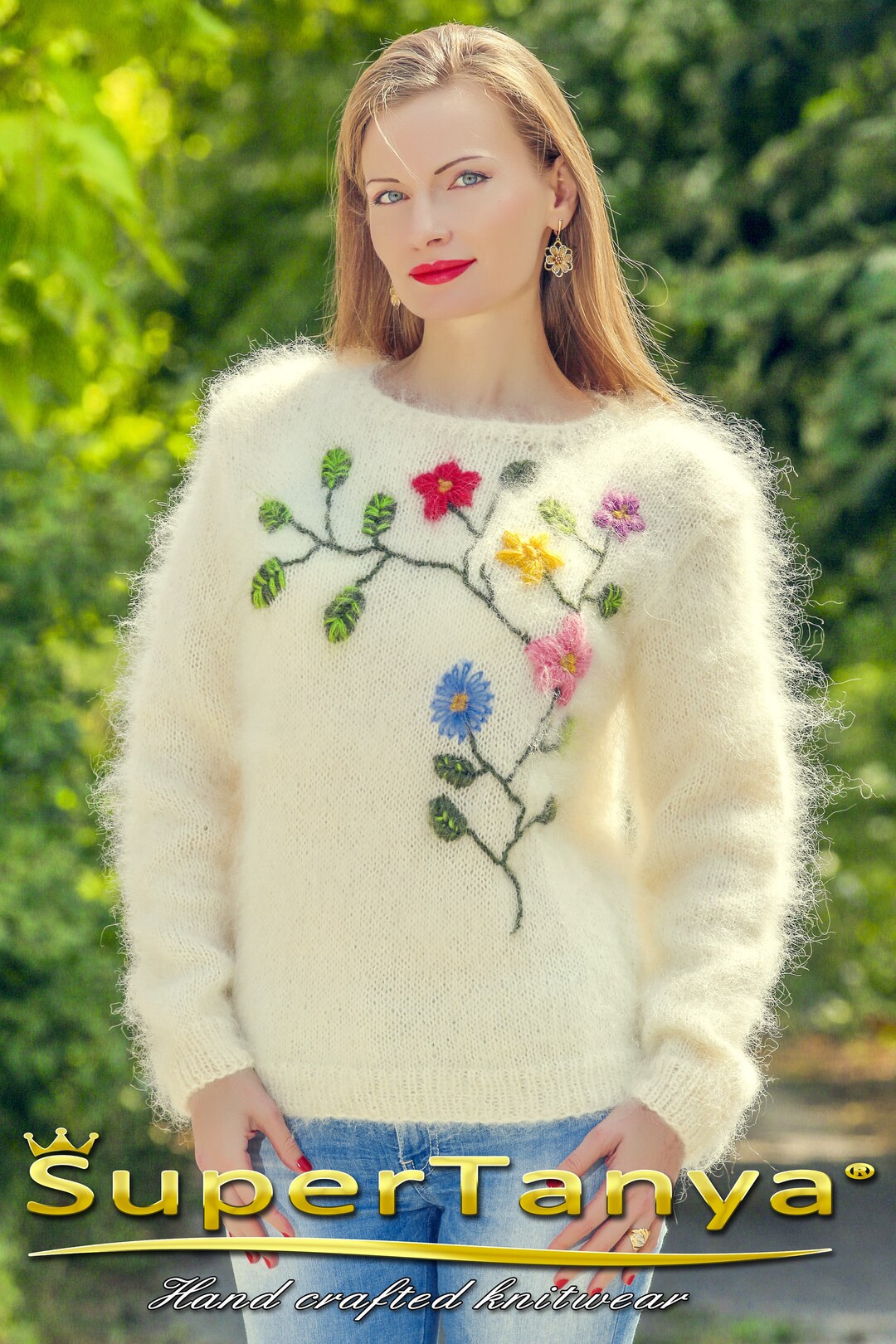 Ivory Mohair Sweater With Embroidered Flowers Hand Knitted Fuzzy