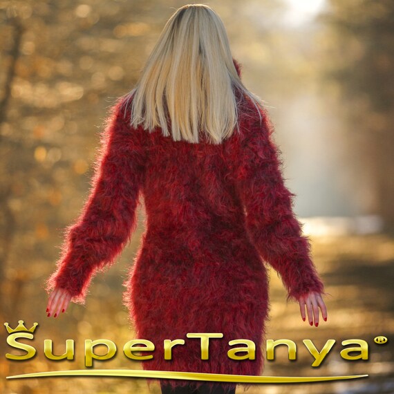 Pull En Mohair Câble Rouge Designer - SUPERTANYA - Taille XL - Fait Main En Bulgarie