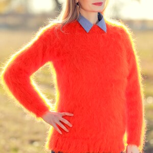 Elegant fuzzy mohair sweater hand knitted stylish jumper fluffy top by SuperTanya Orange