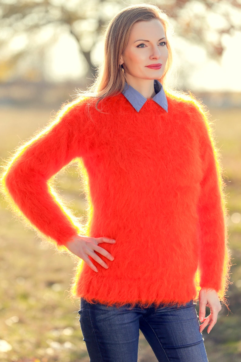 Elegant fuzzy mohair sweater hand knitted stylish jumper fluffy top by SuperTanya Orange