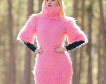 pink mohair sweater dress Hot Pink Kid Mohair Sweater Dress, Fluffy Turtleneck Knit T2241