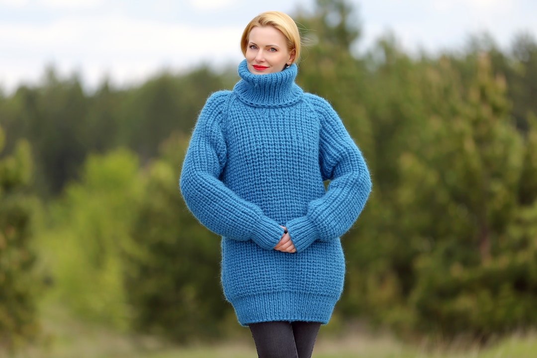 Thick Blue Wool Sweater Handmade Turtleneck Pullover - Ready to