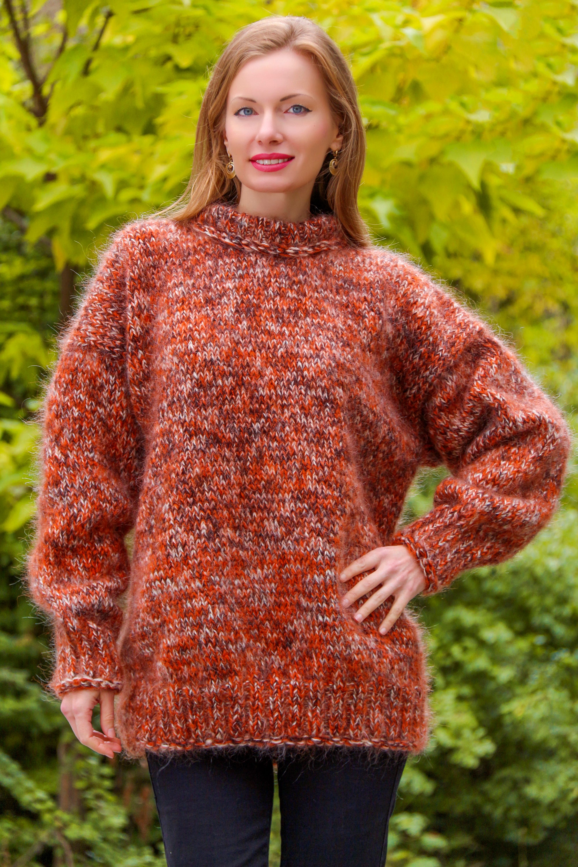 Brown Ivory Orange Mohair Sweater Crewneck Thick Multicolor Fuzzy