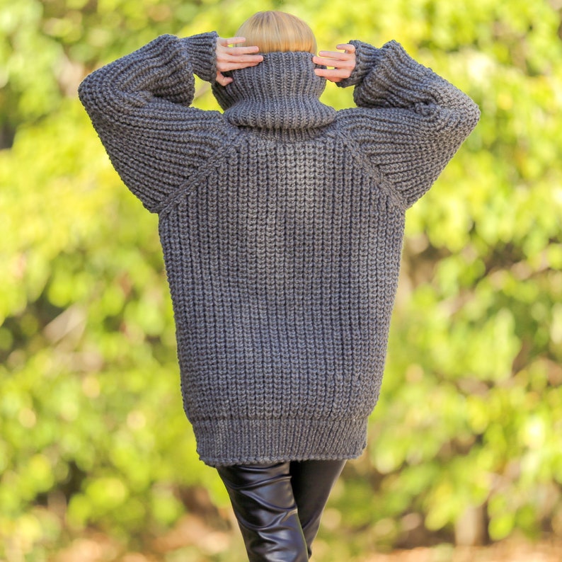 SuperTanya gray ribbed wool sweater with extra long turtleneck ready to ship L-XL size image 6