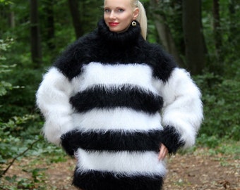 Black White Striped Sweater Hand Knitted Fuzzy Thick Pullover Multicolor Mohair Sweater by Supertanya Etsy