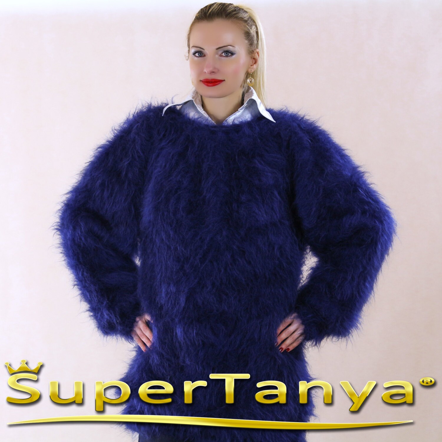 Made to Order Hand Knit Thick Mohair Sweater in Deep Blue