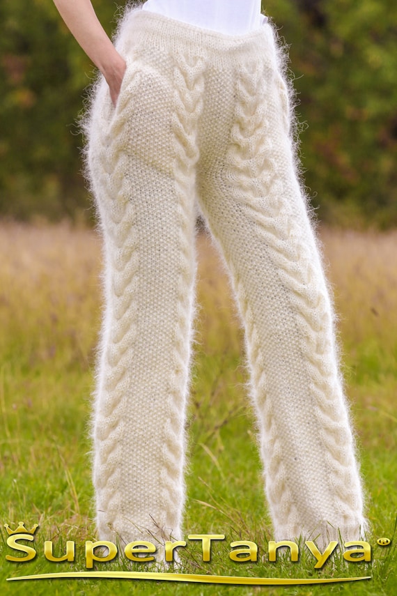 Cable Knit Thick Mohair Pants Hand Knitted Fluffy Trousers Soft