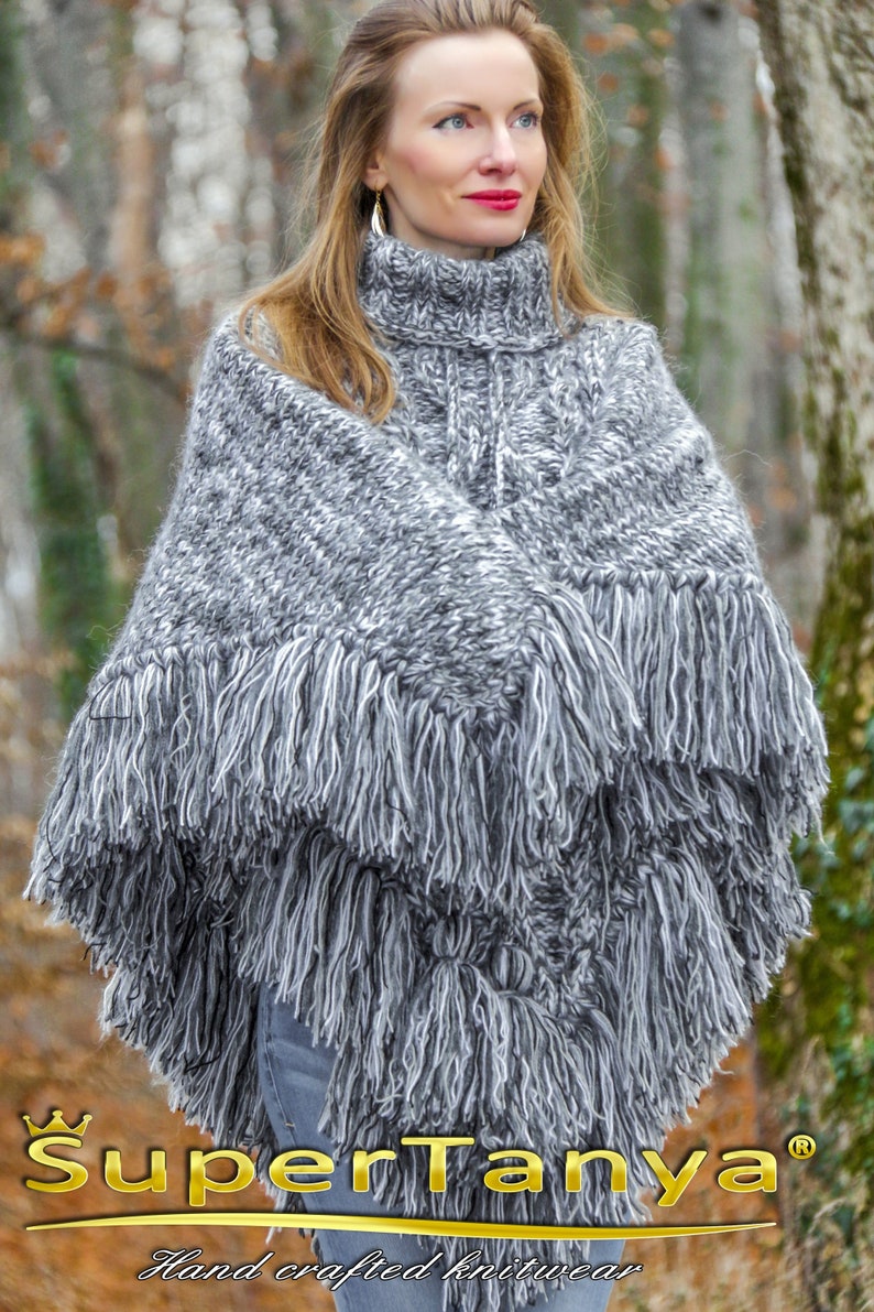 Grey wool poncho hand knitted designer wool sweater cape with fringes by SuperTanya