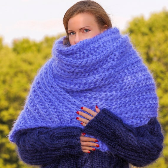 Extra Long Blue Fuzzy Mohair Scarf Handmade Fuzzy Shawl READY TO