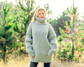 SuperTanya green wool sweater handmade turtleneck pullover - ready to ship, size L-XL