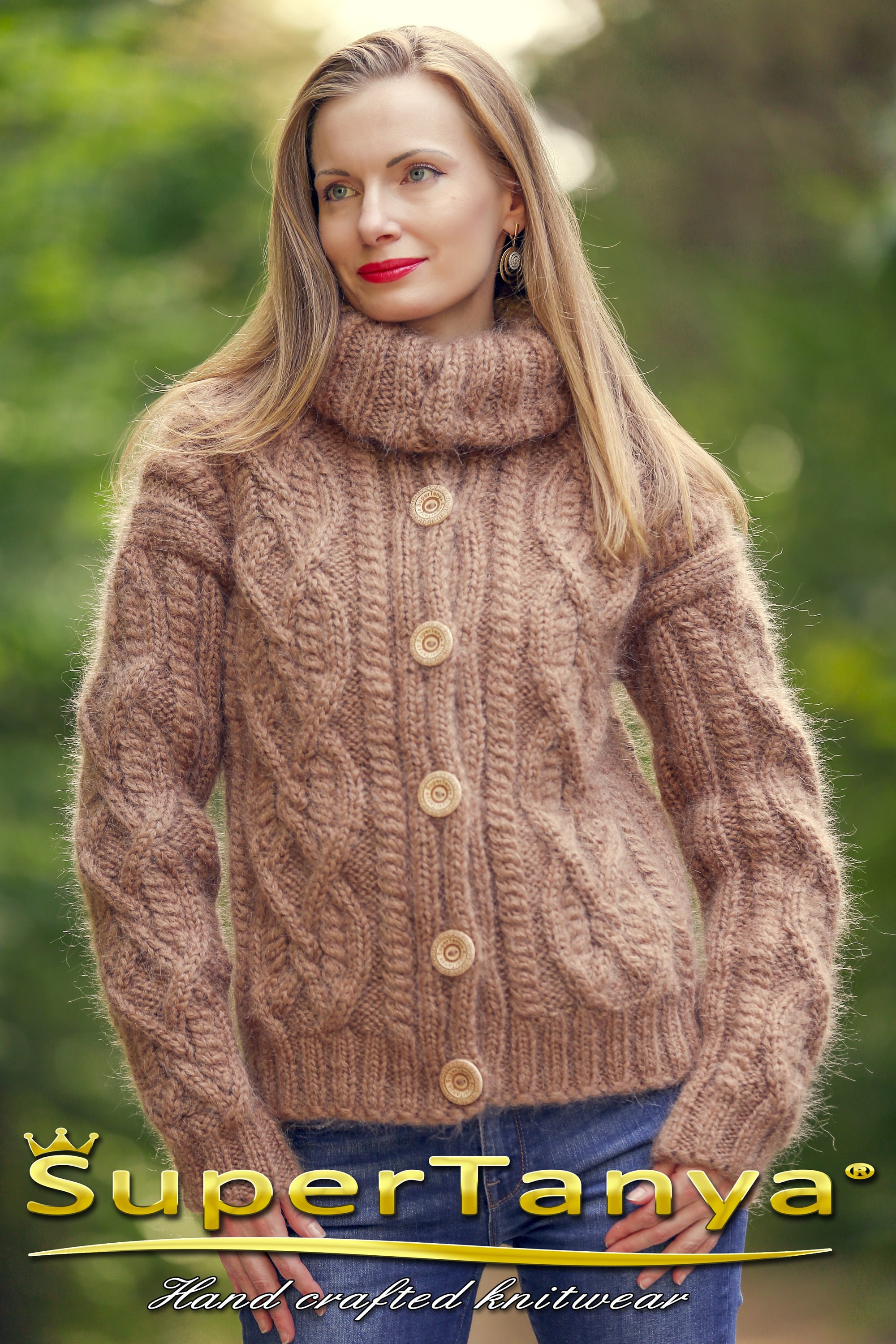 Beige Cable Knit Mohair Cardigan Hand Knitted Sweater by