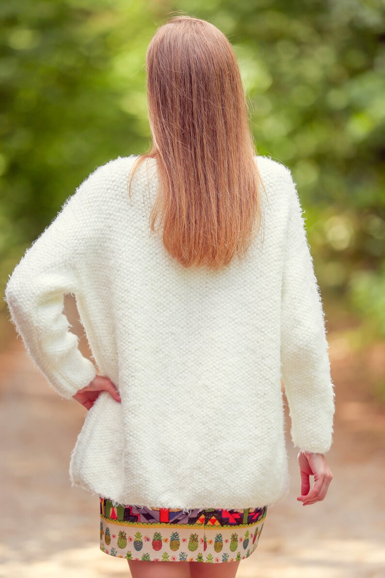 Elegant white wedding fluffy cardigan bridal fuzzy sweater hand knitted warm coatigan by SuperTanya image 3