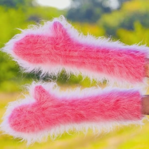 Fuzzy long mohair mittens by SuperTanya, ready to ship, one size