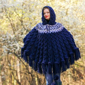 Blue ski wool poncho sweater cable knit Nordic sweater SuperTanya READY TO SHIP image 4