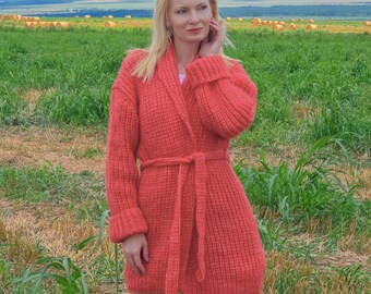 Red shawl collar cardigan hand knitted with soft merino wool,  SuperTanya luxury knitwear, Ready to Ship, size M-L size