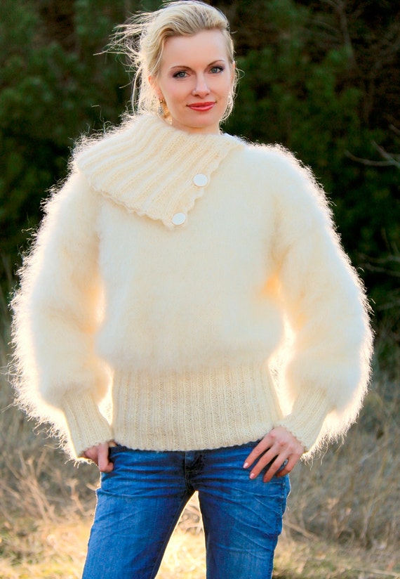Ivory White Mohair Sweater Hand Knitted Designer Fuzzy Pullover by SuperTanya