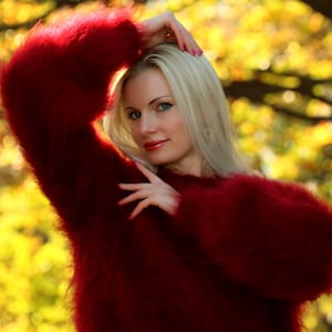 Elegant fuzzy mohair sweater hand knitted stylish jumper fluffy top by SuperTanya Red