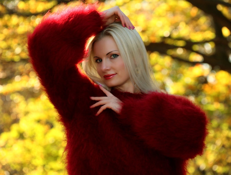 Elegant fuzzy mohair sweater hand knitted stylish jumper fluffy top by SuperTanya Red