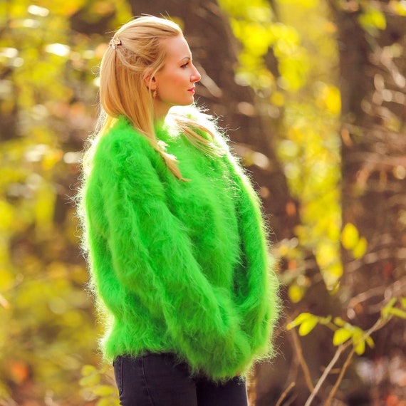 Supertanya Green Mohair Sweater Crewneck Thick Fuzzy Pullover Ready to Ship Size L XL Etsy