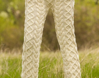 Cable knit cotton pants with pockets hand knitted summer trousers by SuperTanya