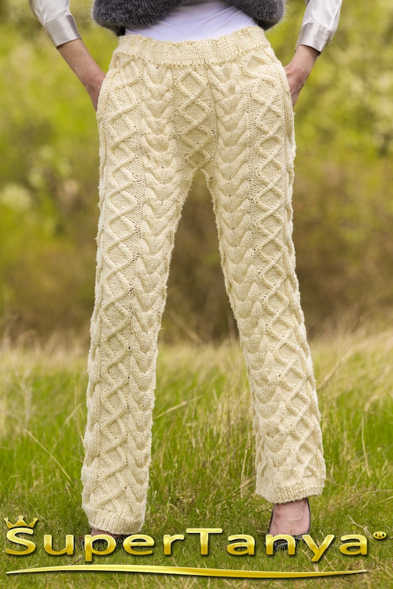 Cable Knit Cotton Pants With Pockets Hand Knitted Summer Trousers