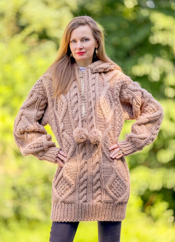 Beige Hoodie Sweater Designer Thick Cable Sweater Wool Hood