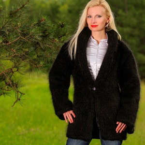 Black mohair sweater coat hand knitted cardigan fuzzy black jacket by SuperTanya image 3