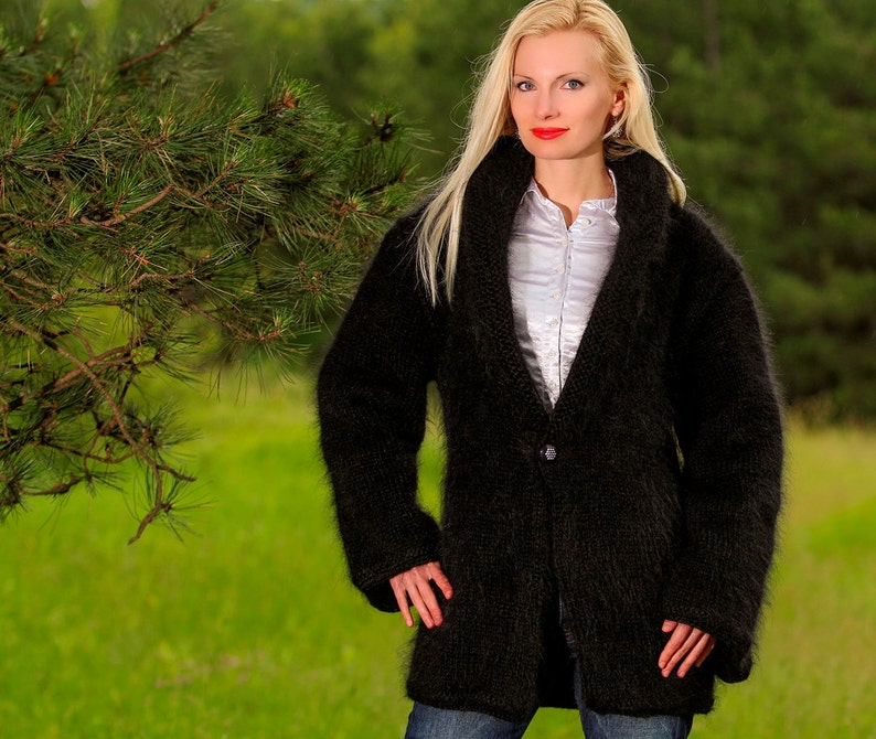 Black mohair sweater coat hand knitted cardigan fuzzy black jacket by SuperTanya image 3