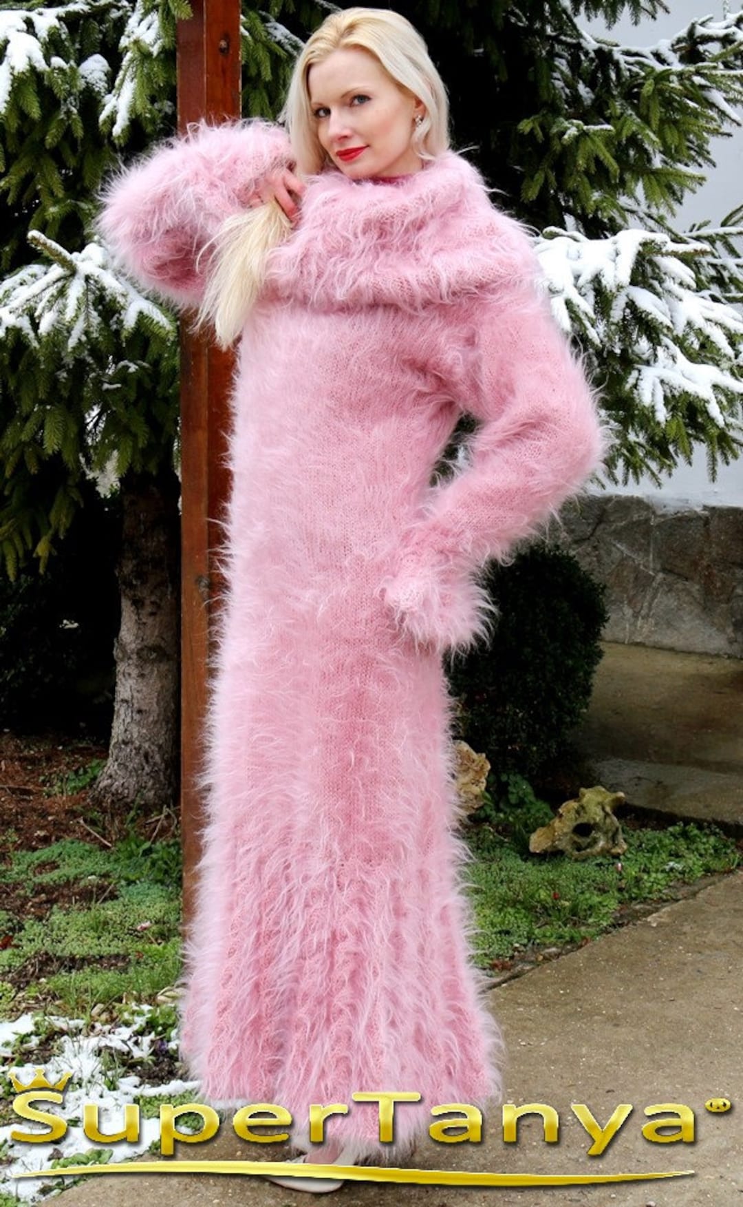Fuzzy Pink Cowlneck Mohair Dress Long Fuzzy Dress Hand Knitted - Etsy
