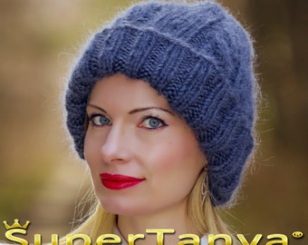 Thick hand knitted mohair hat handmade mohair beanie in bluish gray handcrafted by SuperTanya