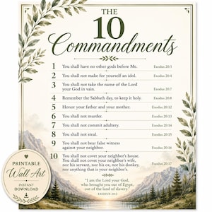 May include: A rectangular wall art print featuring the text The 10 Commandments with numbered verses from Exodus 20:3-17. The design includes green botanical leaf illustrations on the sides and a landscape of mountains, trees, and water at the bottom.