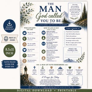 Puede incluir: Una guía digital imprimible de 21,6x27,9 cm titulada The Man God Called You To Be. El documento presenta textos religiosos, ilustraciones de montañas y listas que incluyen Who God Says You Are, How To Live It Out y una sección de oración.