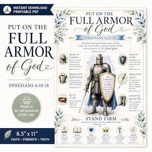May include: A printable 21.6 cm by 27.9 cm poster titled Put on the Full Armor of God, featuring a central knight in metal armour holding a shield with text, surrounded by illustrations of armour pieces, scripture references, and spiritual icons.
