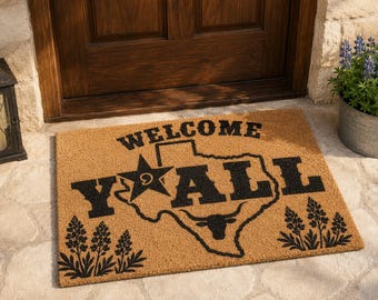 Welcome Y’all Western Doormat, Texas Rodeo Welcome Mat, Cowboy Ranch Front Door Decor, Rustic Southern Housewarming Gift
