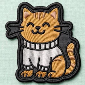 Puede incluir: Un parche bordado que muestra un gato atigrado naranja con una expresión sonriente. El gato lleva un suéter blanco con rayas verticales negras en el cuello y los puños. El diseño está delineado con hilo negro grueso sobre un fondo claro.